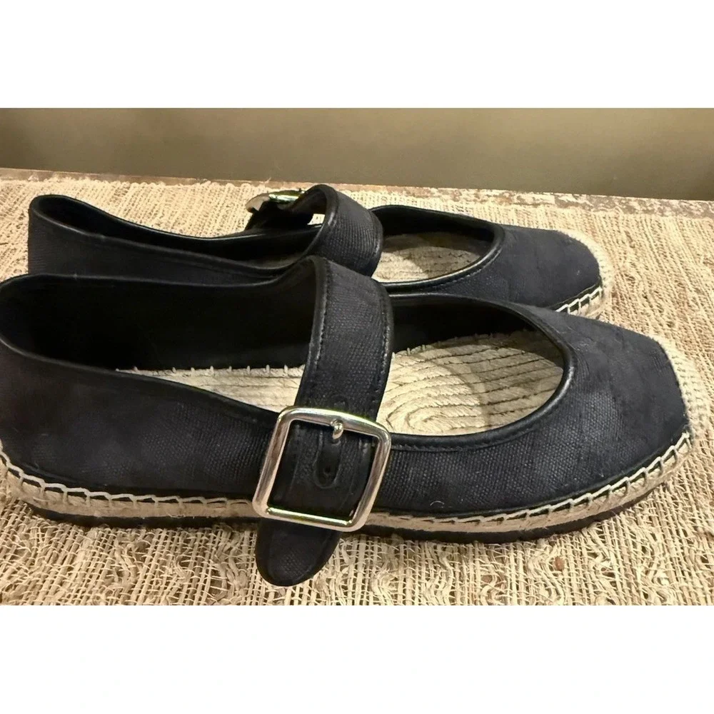 COACH‎ Courtney Mary Jane Black Espadrille Flats 8.5 In Signature Canvas